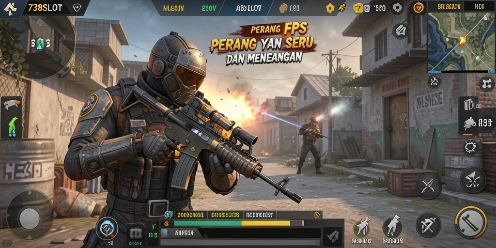 Tangkapan layar menunjukkan aksi tembak-menembak intens di 738SLOT.