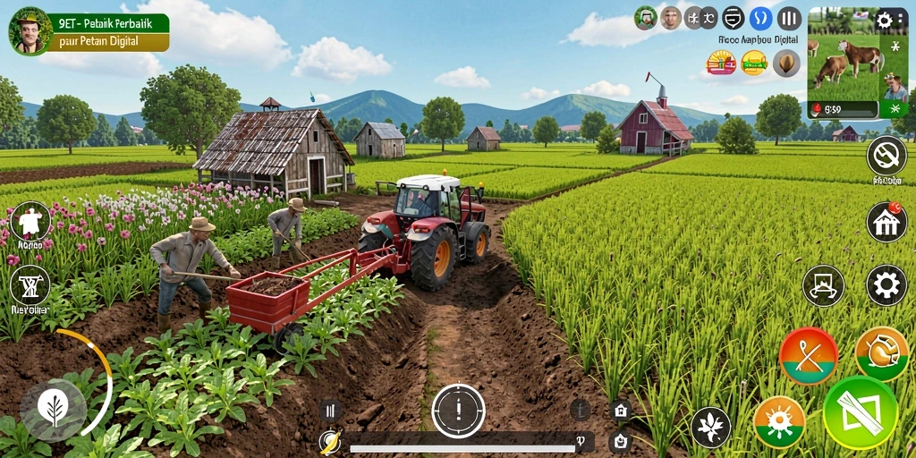 Screenshot permainan 9ET menampilkan petani yang sedang merawat ladang.