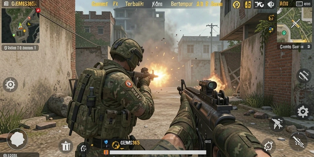 Tampilan aksi mendebarkan dari gameplay GEMS365 dalam pertempuran FPS.