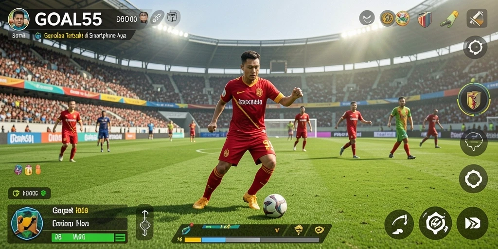 Tangkapan layar gameplay GOAL55 menampilkan aksi seru di lapangan sepak bola.