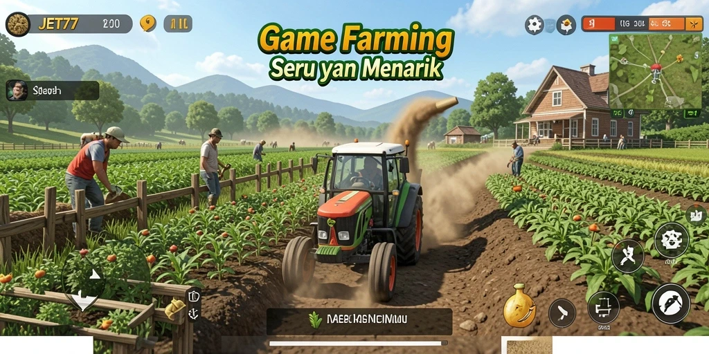 Screenshot gameplay seru dari JET77 yang menampilkan kegiatan bertani.