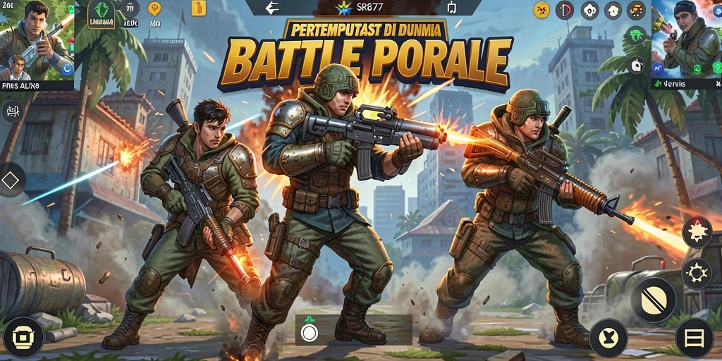 Tangkapan layar gameplay SR877 menunjukkan pertempuran menegangkan di pulau luas.